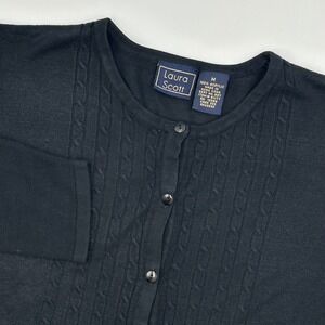 VTG 90's Laura Scott Black Cardigan Sweater Cable Knit Button Up ‎ Size M Granny